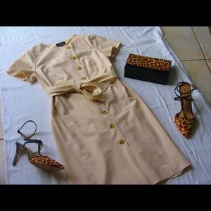 Beige Knee Length Button Front Dress